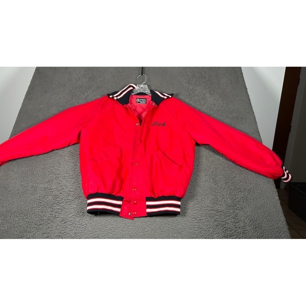 Butwin Vtg Red‎ Varsity Bomber Jacket Mark Embroidered Letterman Coon Rapids